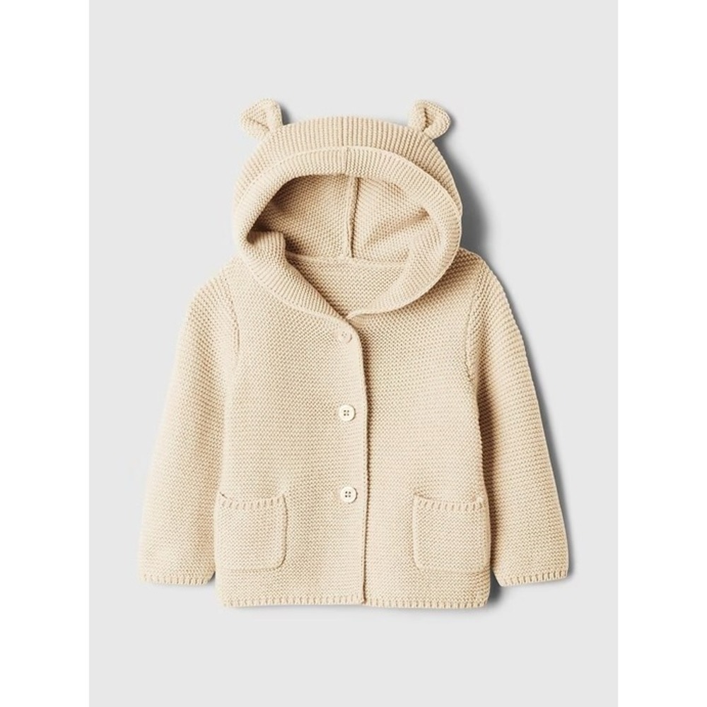 Baby Gap Baby Bear Garter Hoodie‎ Cotton Knit Cardigan Cream 6-12 Months